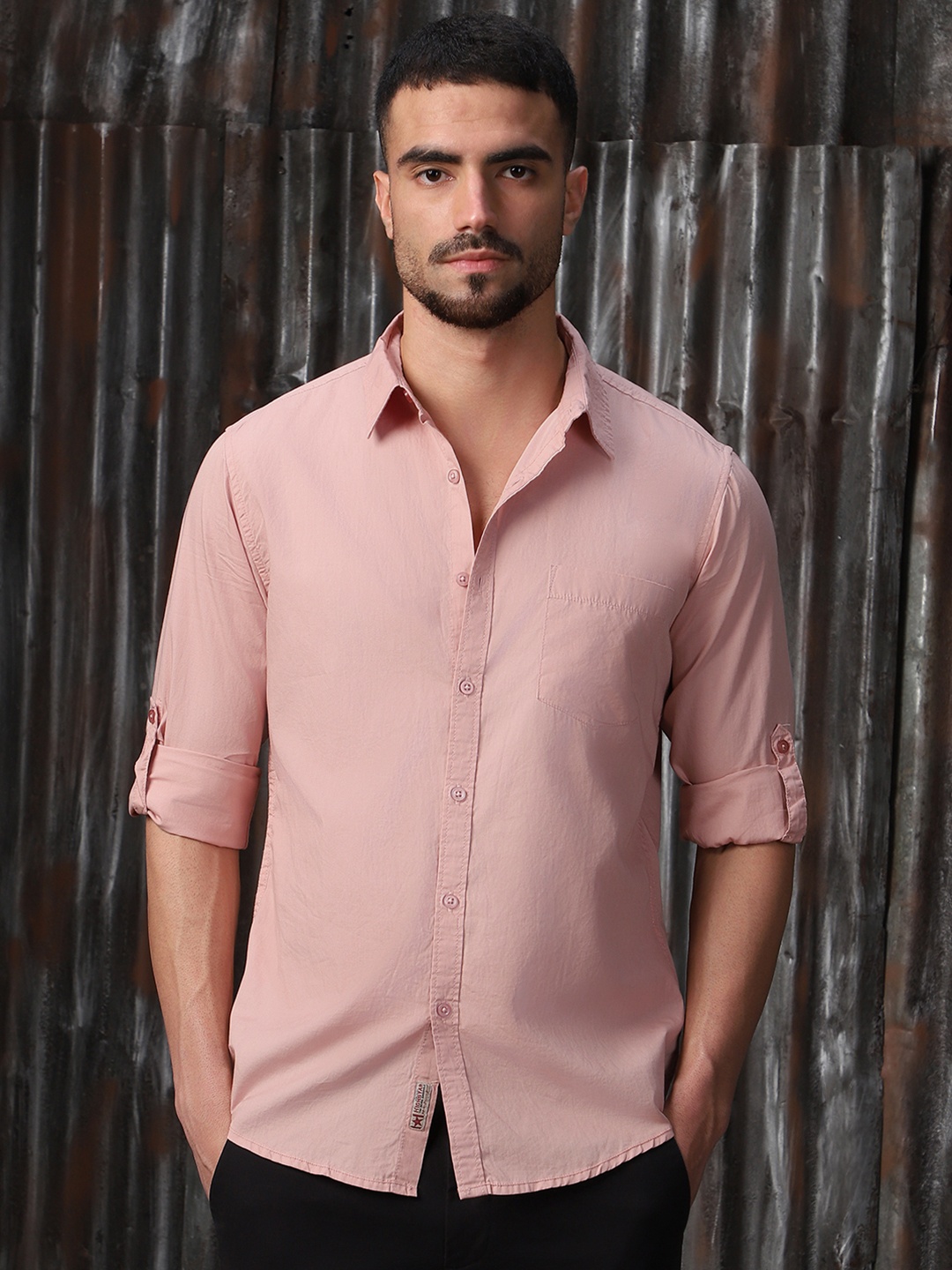 

High Star Classic Spread Collar Roll-Up Sleeves Cotton Casual Shirt, Pink