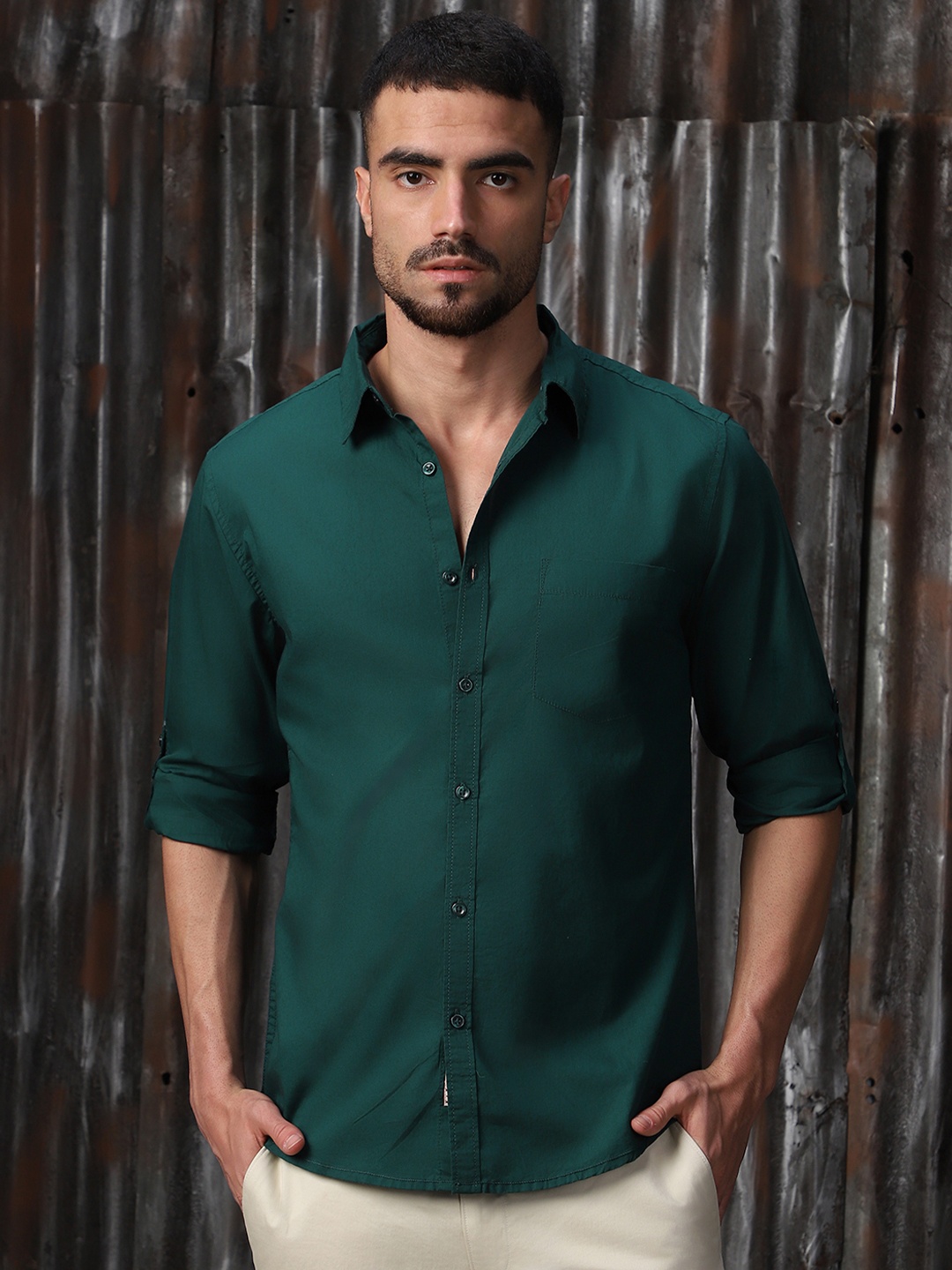 

High Star Classic Spread Collar Roll-Up Sleeves Cotton Casual Shirt, Green