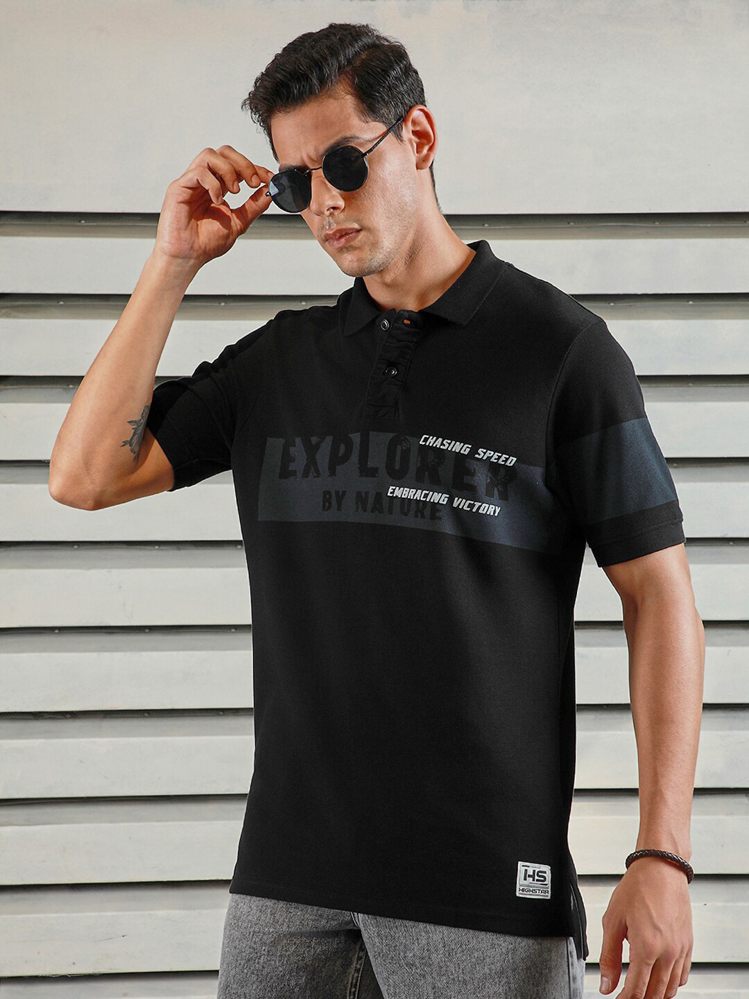 

High Star Men Polo Collar Typographic color blocked cotton T-shirt, Black