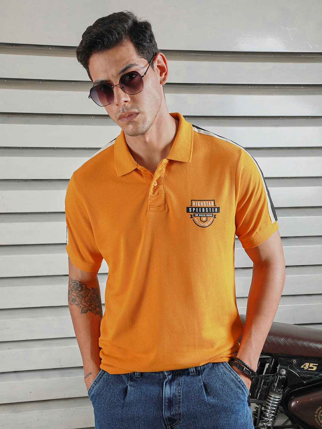 

High Star Men Polo Collar Typographic Applique Casual T-shirt, Yellow