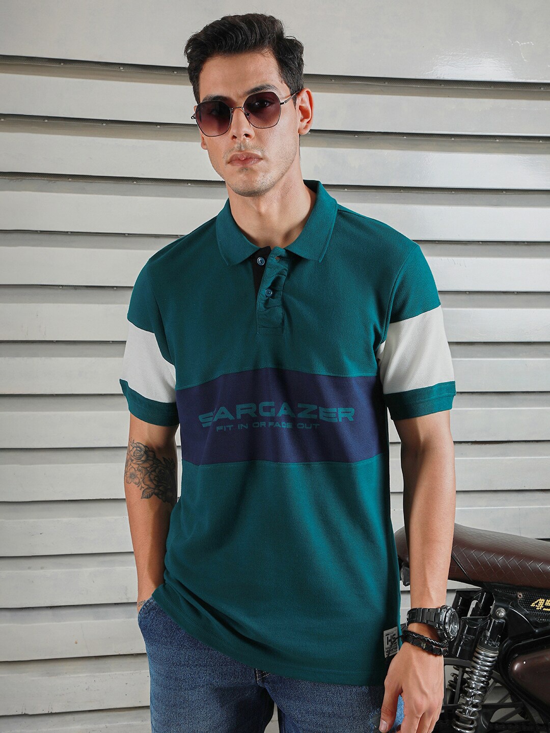 

High Star Men Polo Collar Typographic color blocked cotton T-shirt, Teal