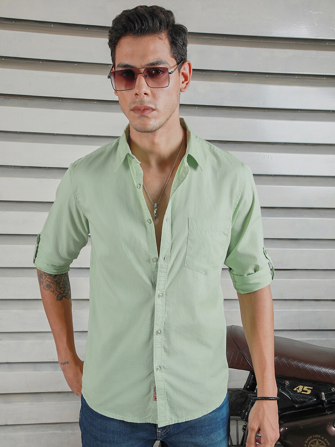 

High Star Classic Spread Collar Roll-Up Sleeves Cotton Casual Shirt, Green