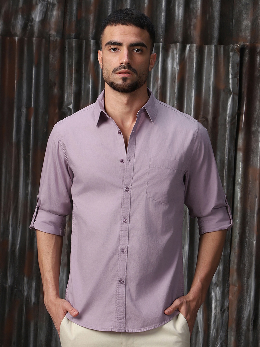 

High Star Classic Spread Collar Roll Up Sleeves Cotton Casual Shirt, Lavender