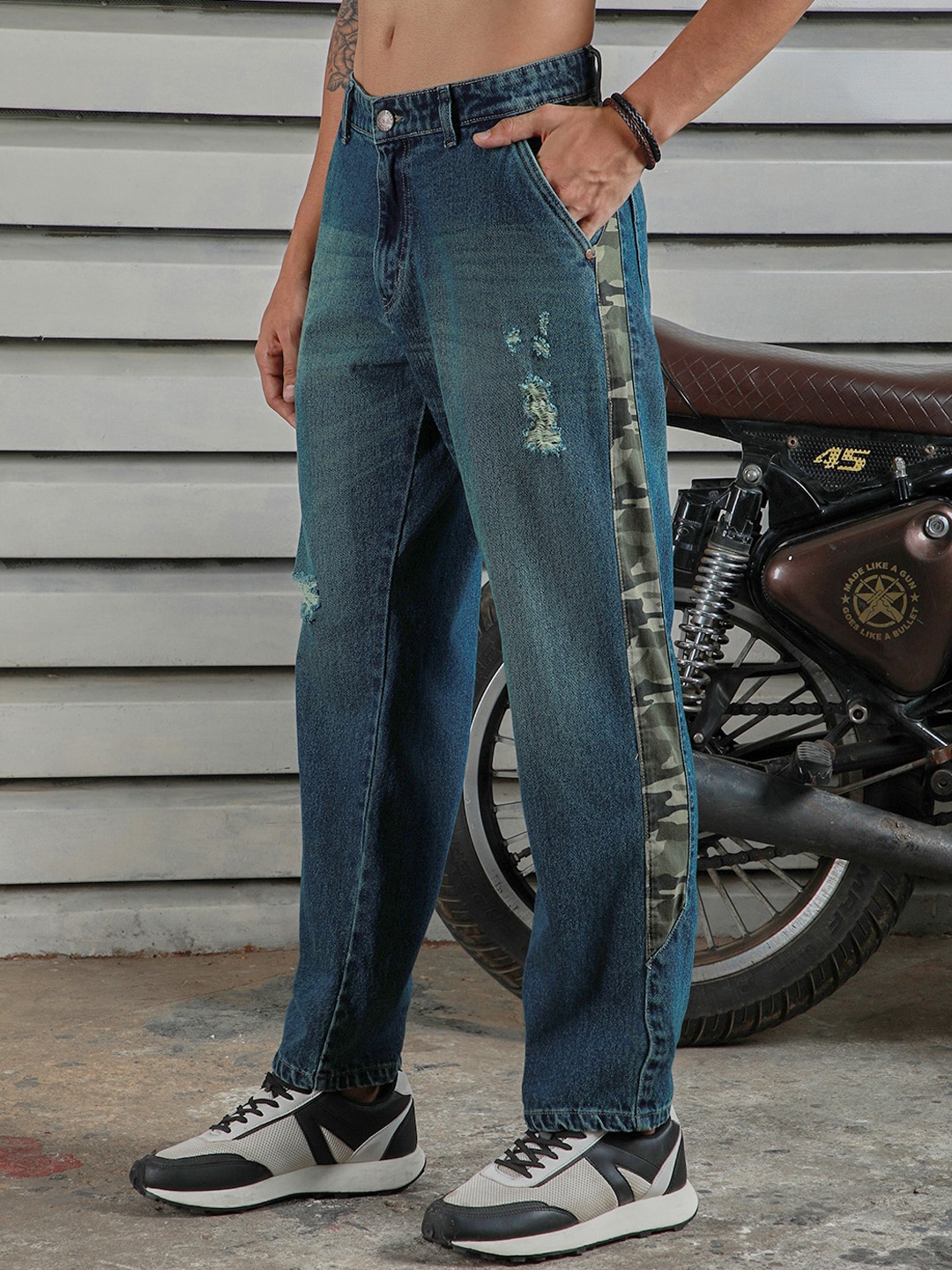 

High Star Men Straight Fit Mildly Distressed Cotton Jeans, Blue