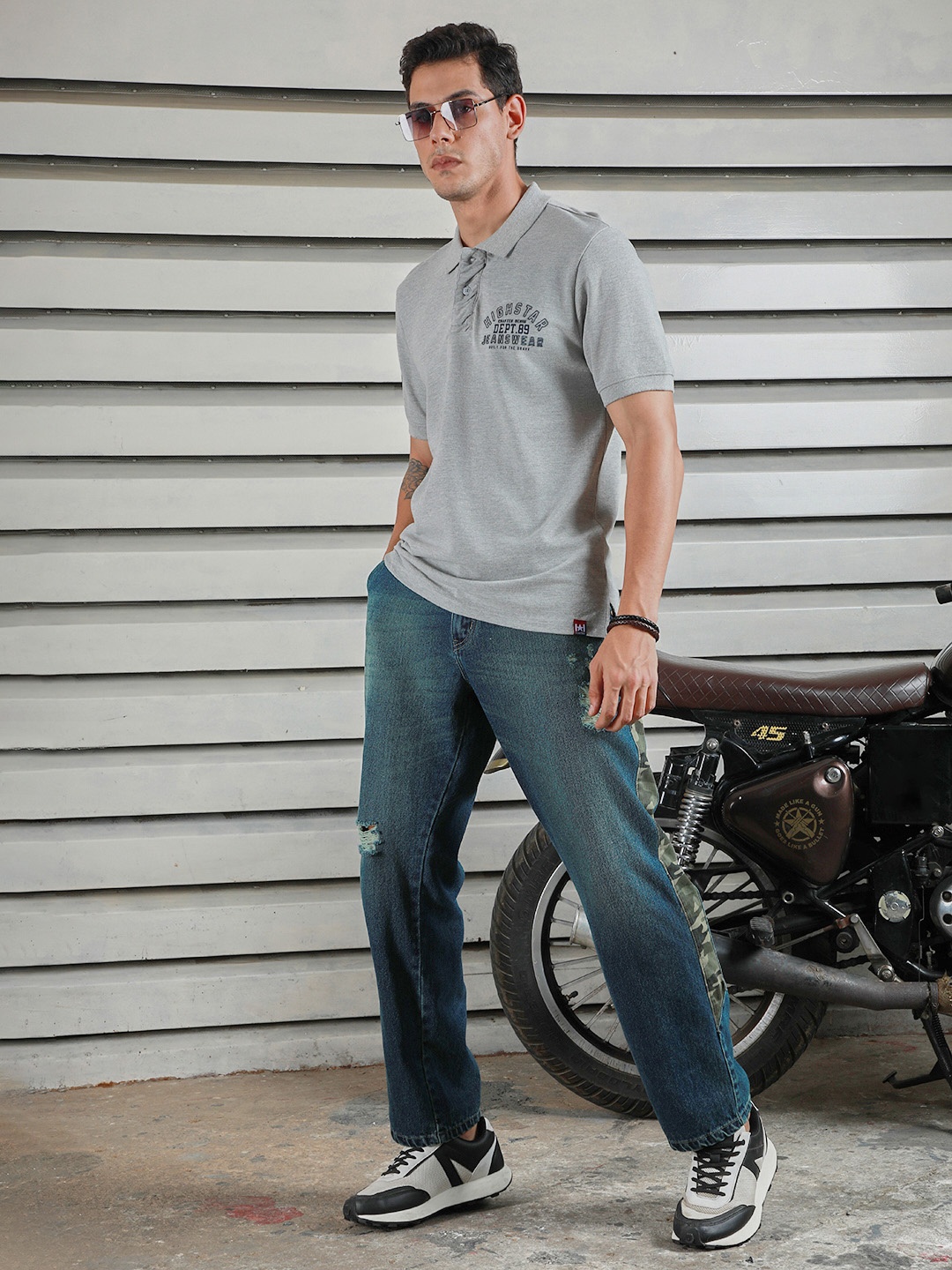 

High Star Polo Collar Short Sleeves Cotton T-shirt, Grey