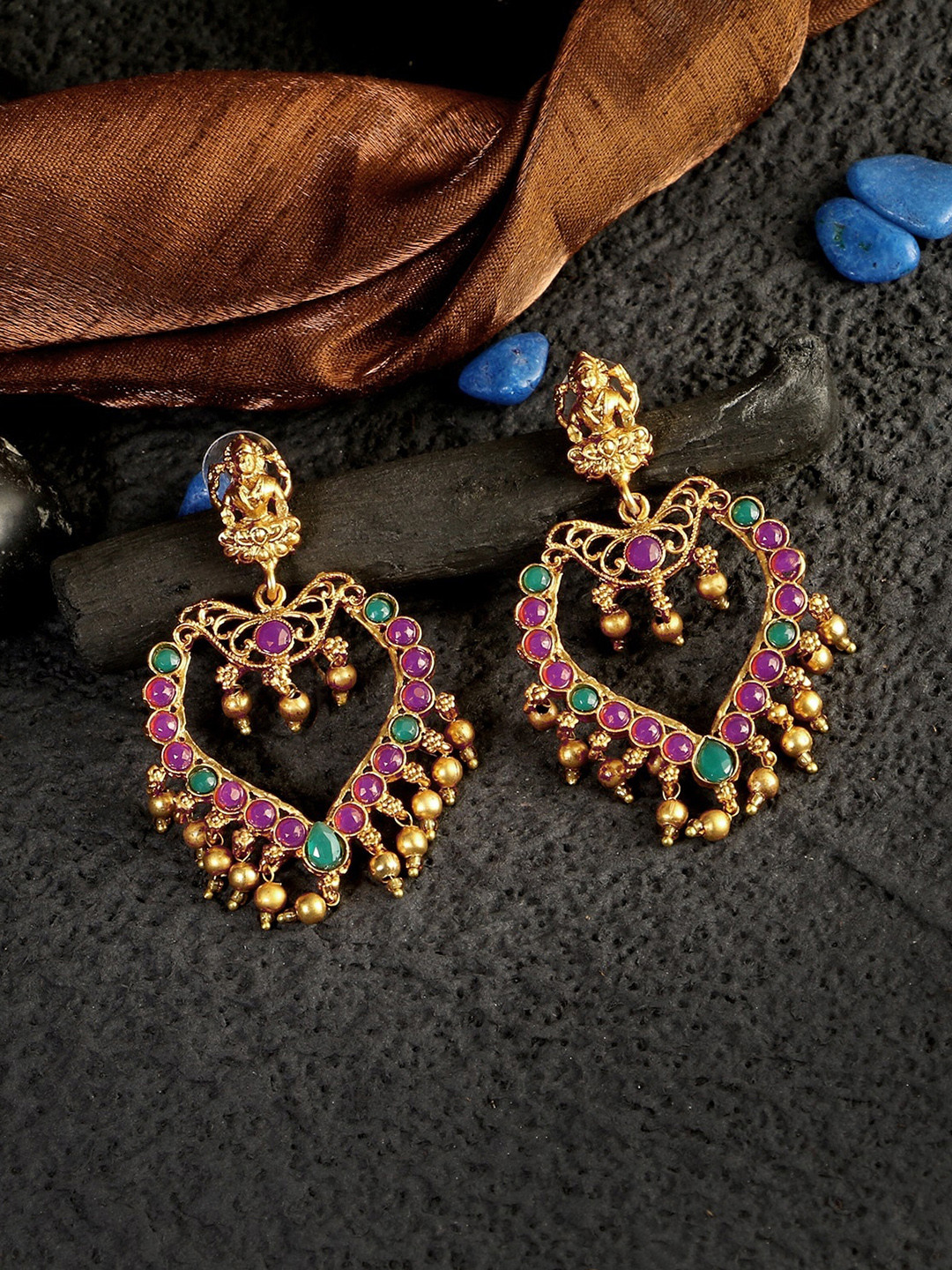 

Adwitiya Collection 24CT Gold-Plated Stone-Studded & Beaded Classic Antique Chandbalis