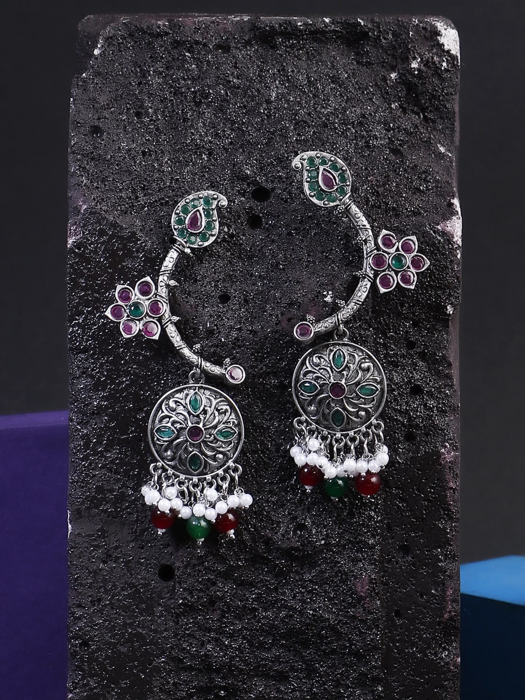 

Adwitiya Collection Silver-Plated Stone-Studded Peacock Shaped Oxidised Drop Earrings