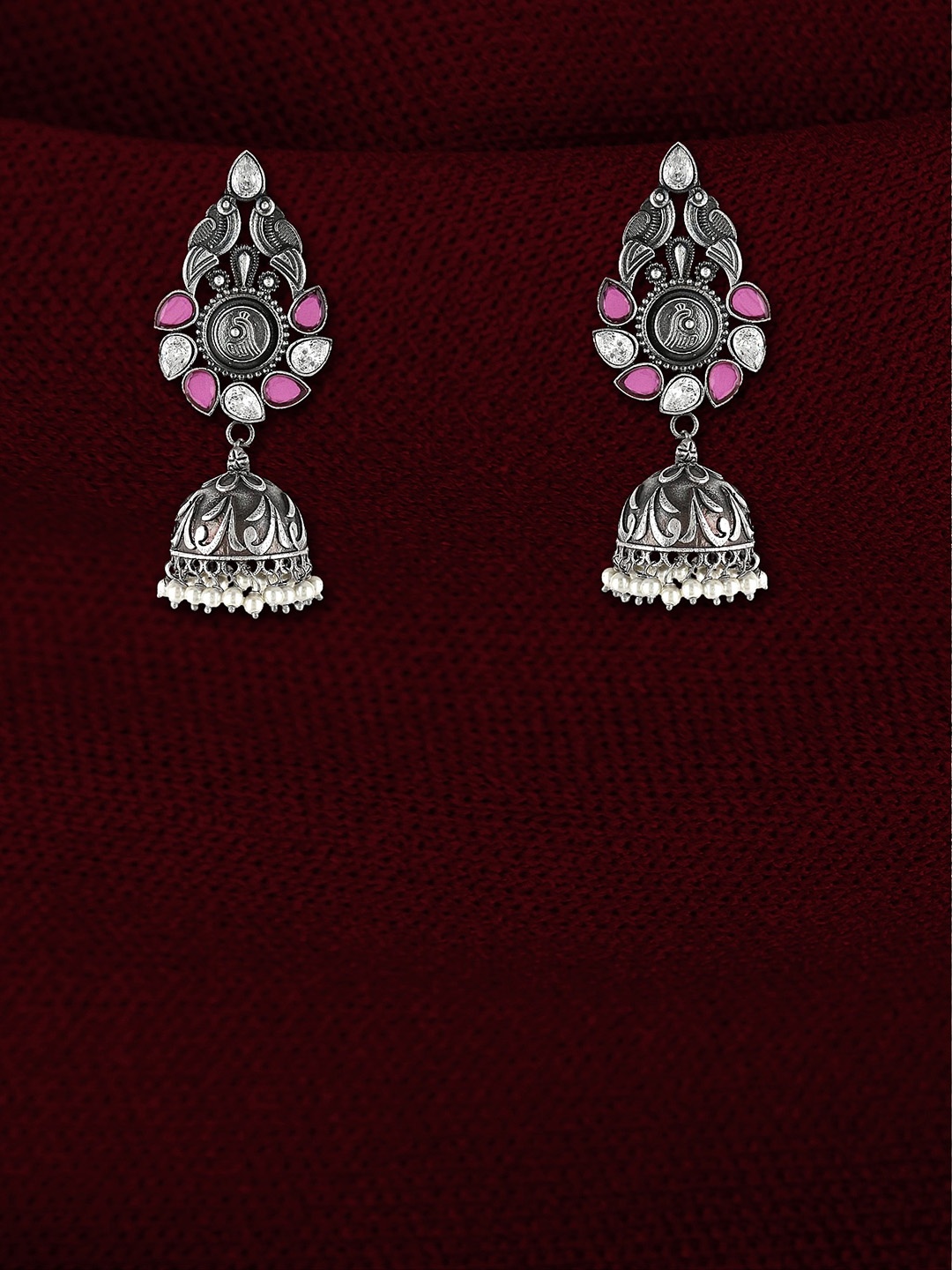 

Adwitiya Collection Silver-Plated Stone Studded Classic Jhumkas