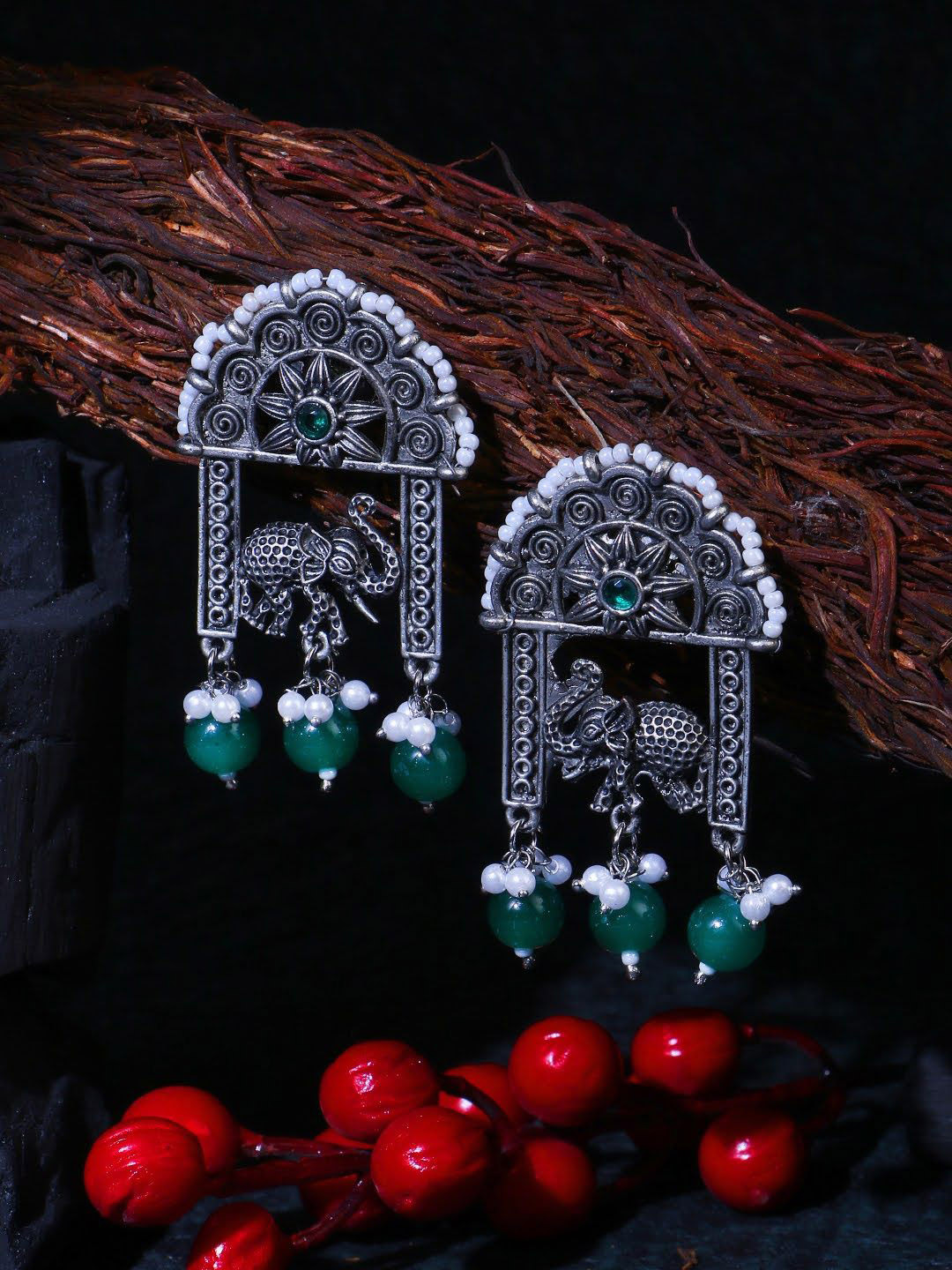 

Adwitiya Collection Silver-Plated Oxidised Stone-Studded & Beaded Drop Earrings