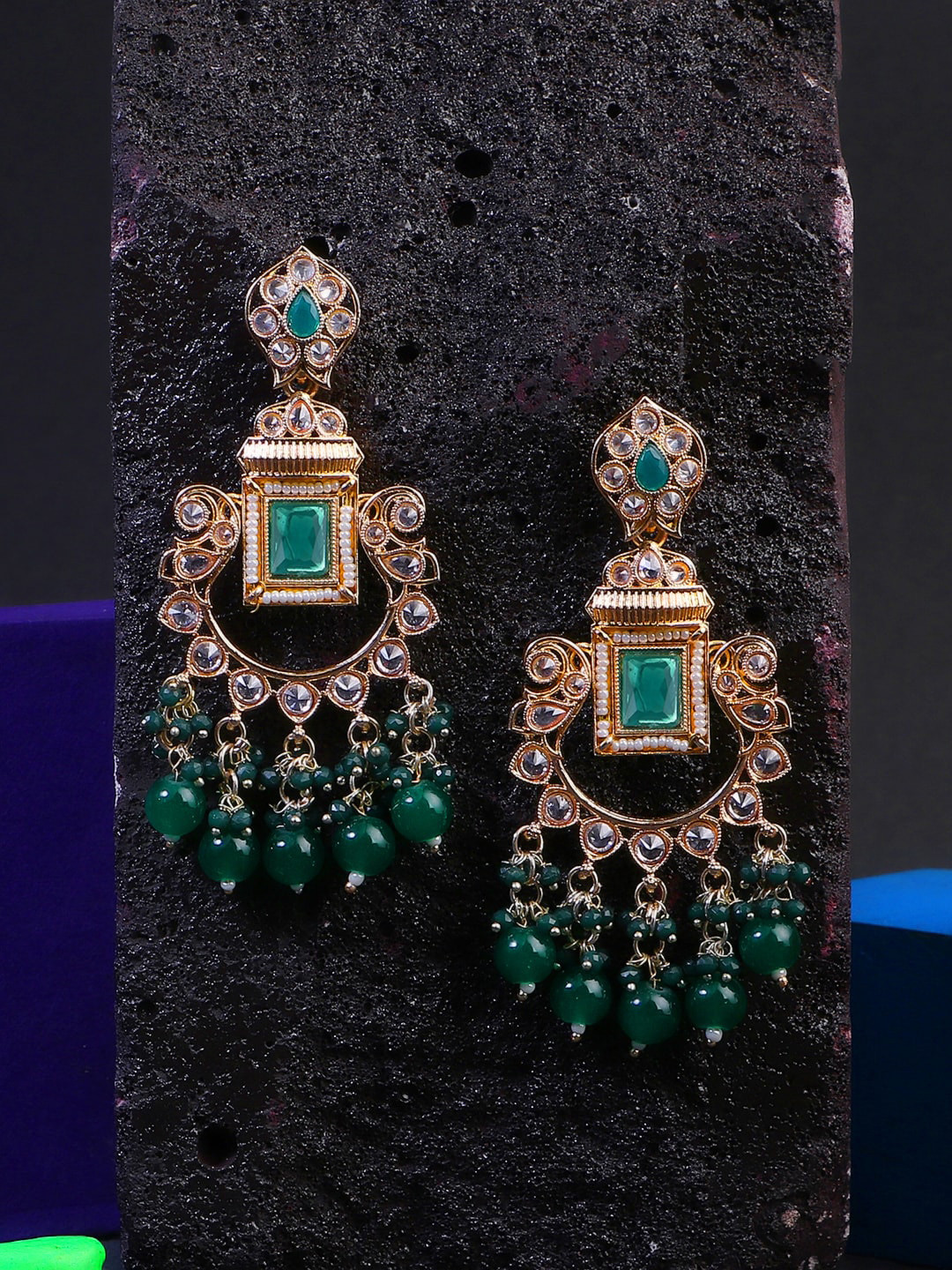 

Adwitiya Collection Gold-Plated Stone-Studded & Beaded Classic Drop Earrings