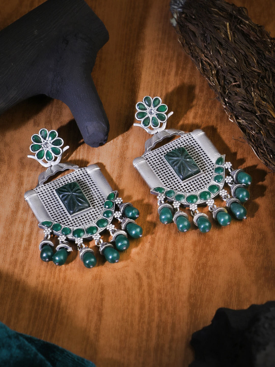 

Adwitiya Collection Silver-Plated Oxidised Classic Drop Earrings