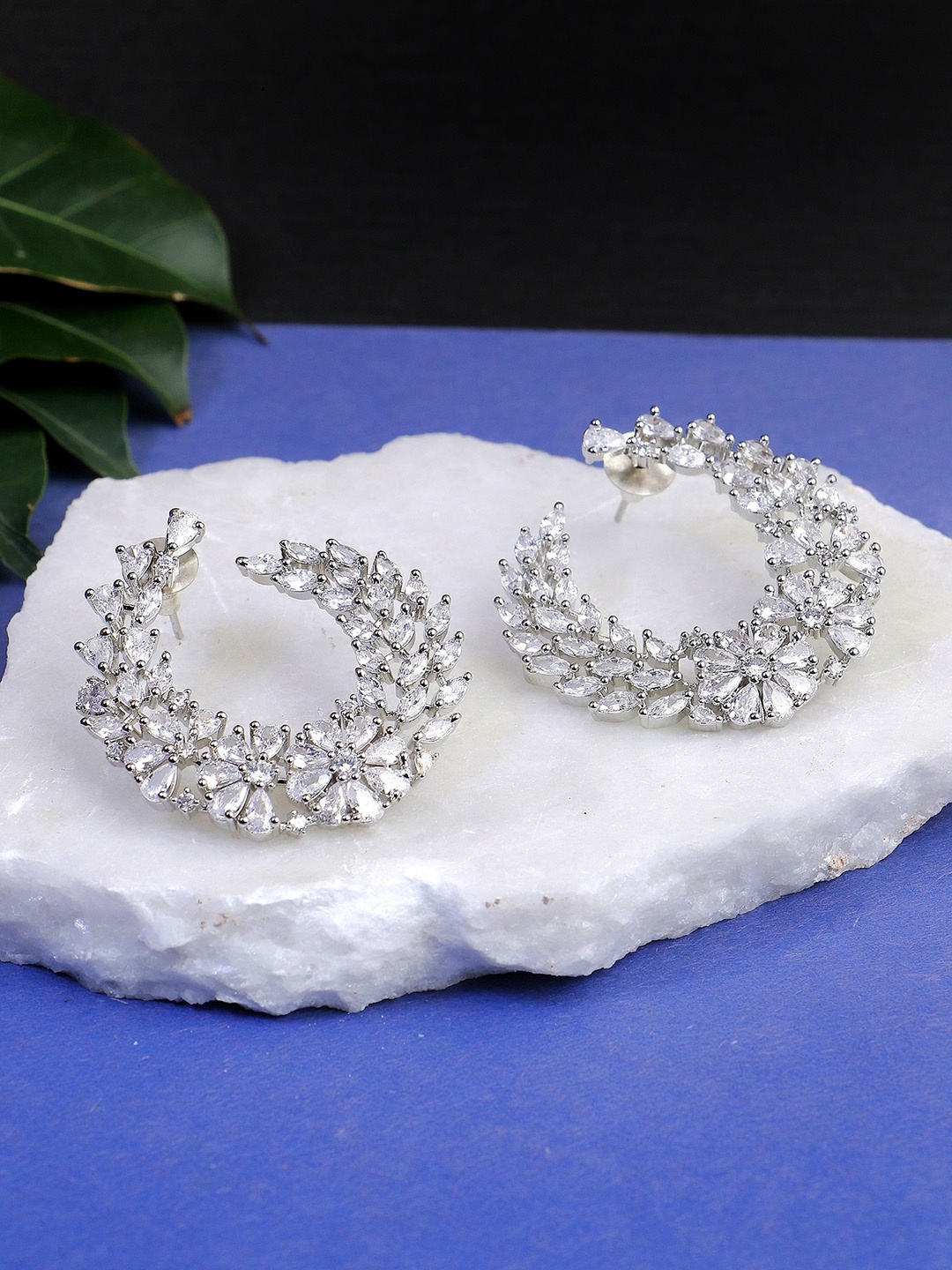 

Adwitiya Collection Rhodium Plated CZ Stone Studded Floral Hoop Earrings, Silver