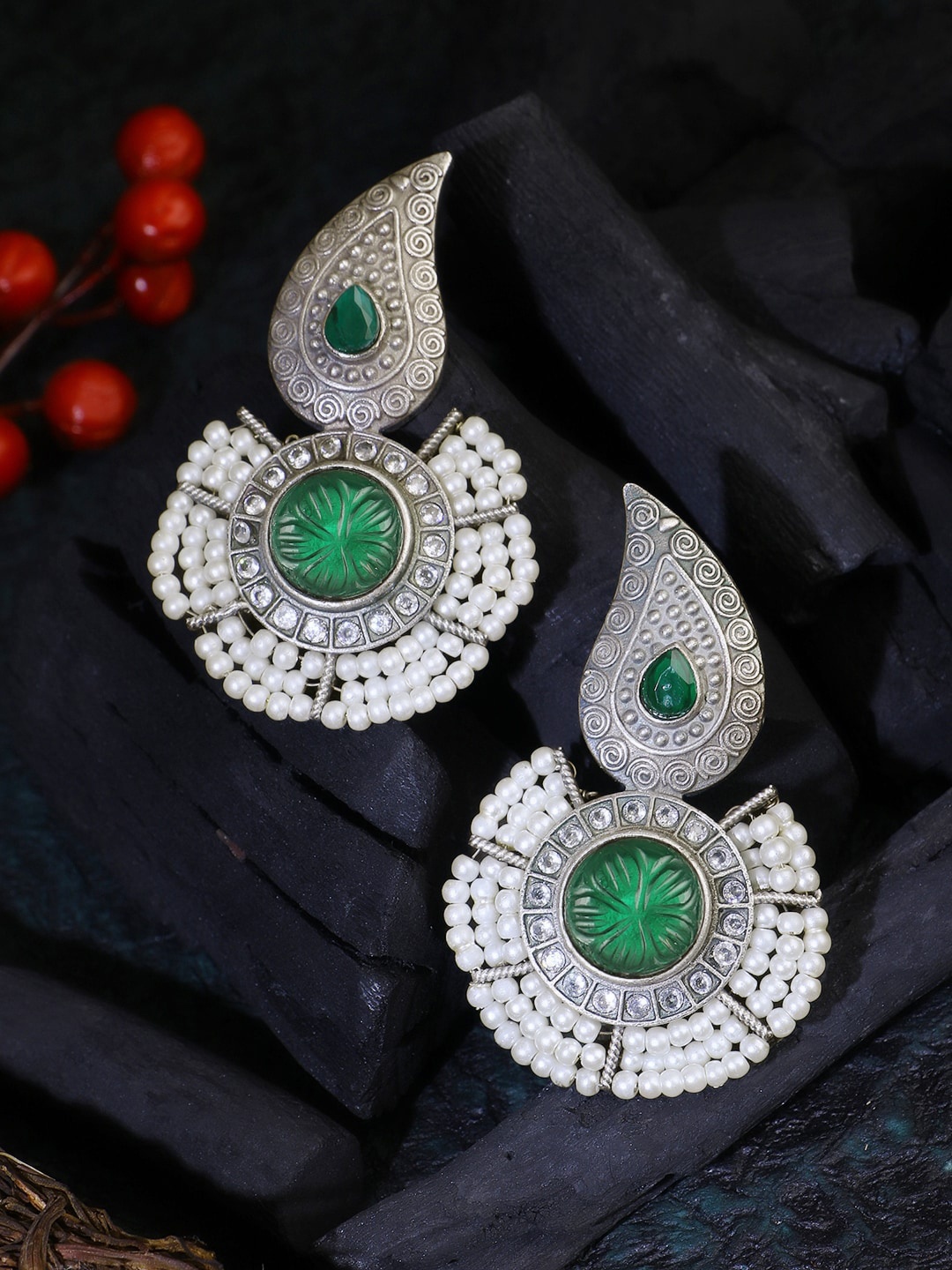 

Adwitiya Collection Silver-Plated Oxidised Stone-Studded & Beaded Drop Earrings