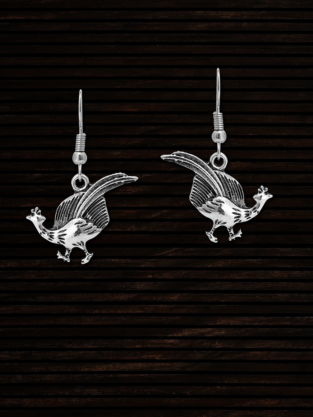 

Adwitiya Collection Silver-Plated Peacock Shaped Oxidised Drop Earrings