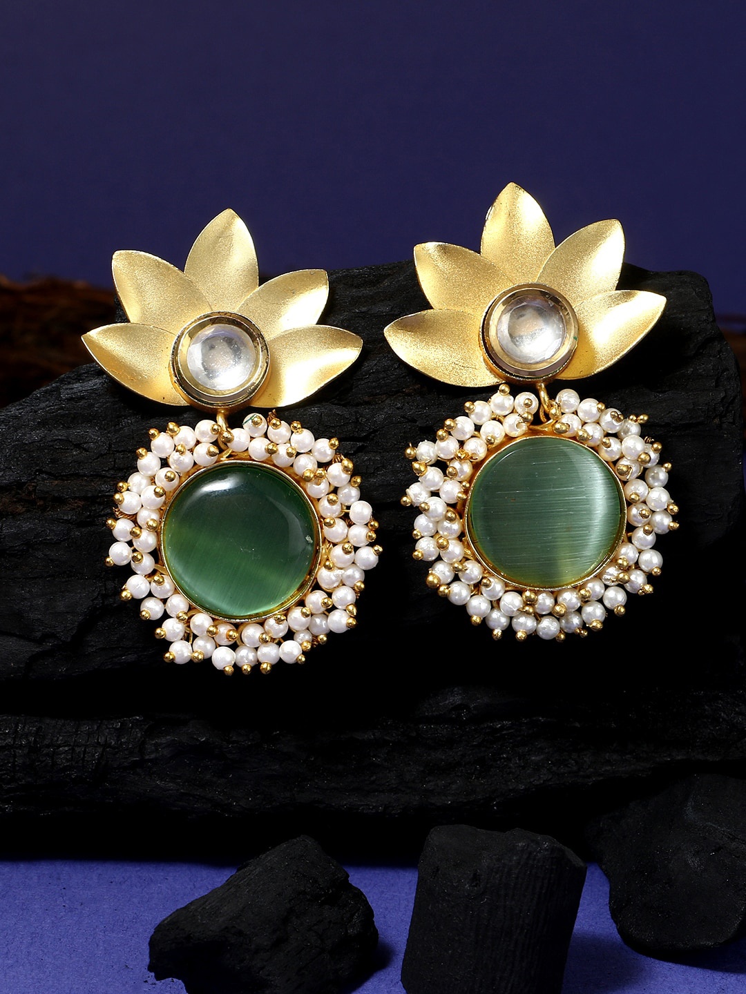 

Adwitiya Collection Copper-Plated Stone Studded Drop Earrings, Gold