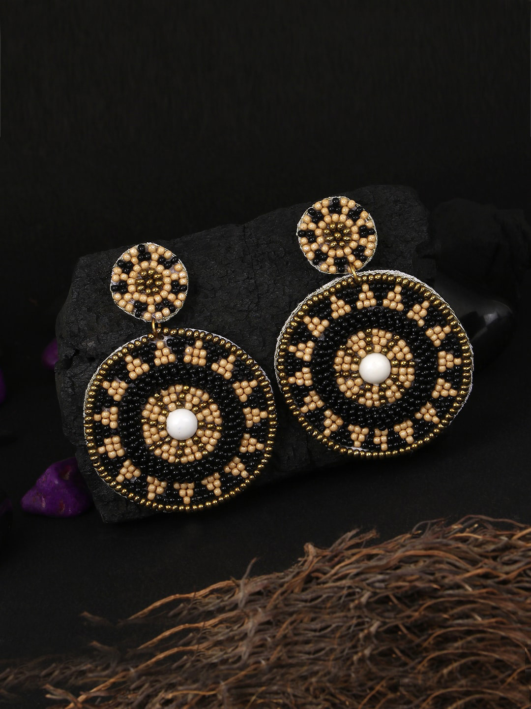 

Adwitiya Collection Beaded Circular Drop Earrings, Black