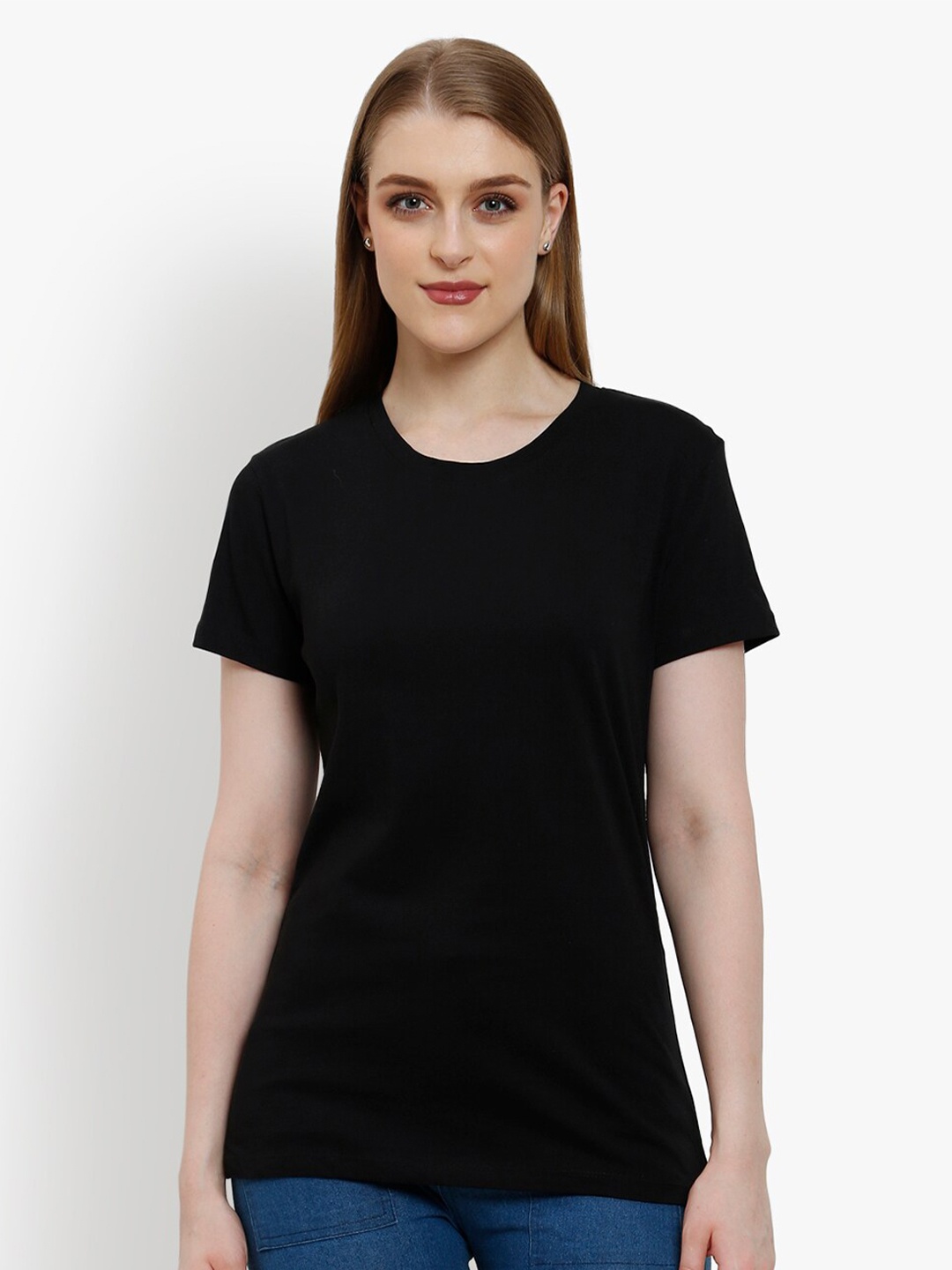 

Unifringe Women Pure Cotton Half Sleeve Round Neck Sports Wear T-shirt, Black