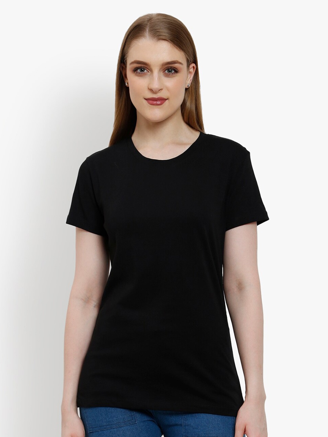 

Unifringe Women Pure Cotton Round Neck T-shirt, Black