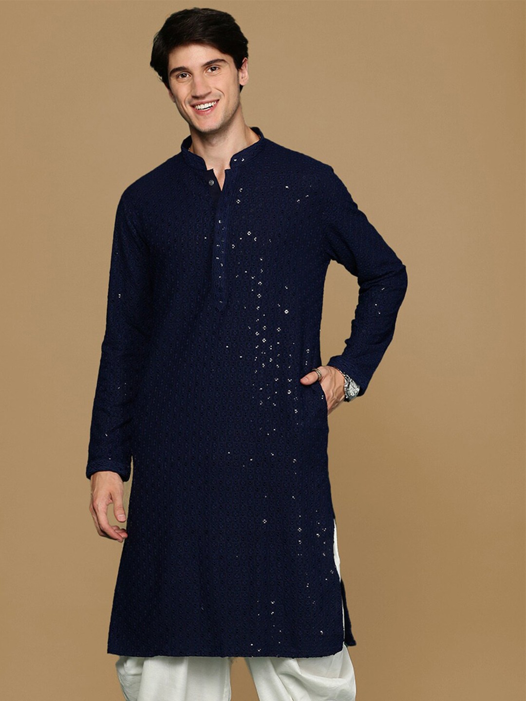 

Sanwara Mandarin Collar Long Sleeves Sequins Cotton Straight Kurta, Blue