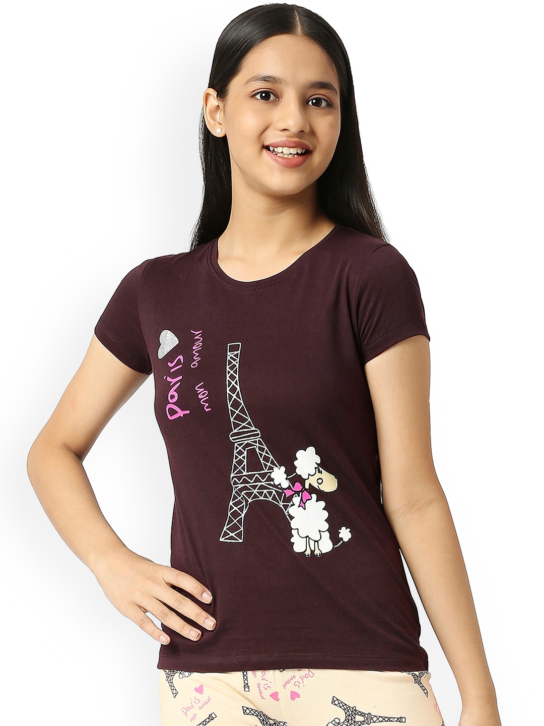 

SINI MINI Girls Graphic Printed Pure-Cotton Lounge T-Shirts, Beige