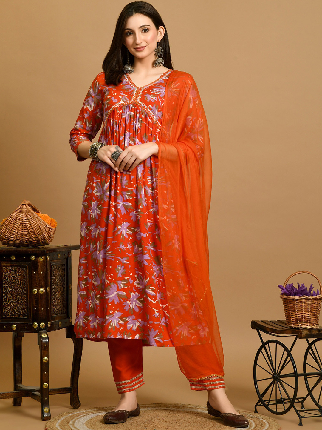 

VINDYAVASINI Ethnic Motifs Printed Pleated Mirror Work A-Line Kurta & Trousers & Dupatta, Orange