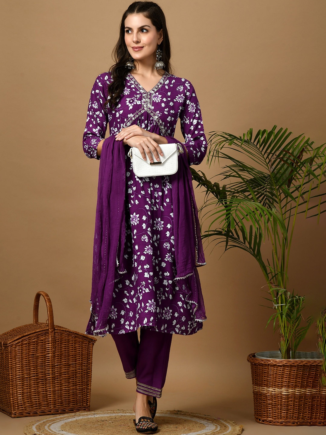 

VINDYAVASINI Floral Printed Empire Anarkali Zari Kurta with Trousers & Dupatta, Purple