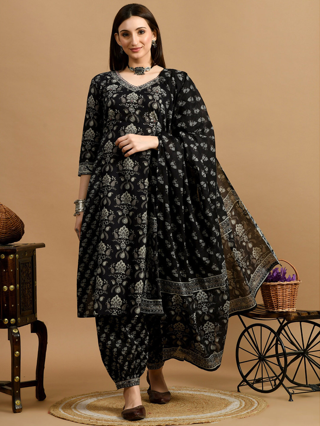 

VINDYAVASINI Ethnic Motifs Printed Sequinned Cotton A-Line Kurta With Salwar & Dupatta, Black