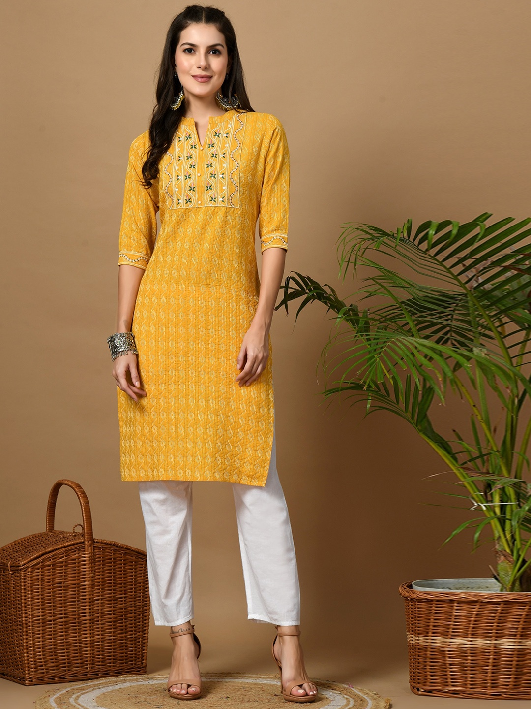 

VINDYAVASINI Ethnic Motifs Embroidered Regular Thread Work Pure Cotton Kurta with Trousers, Mustard