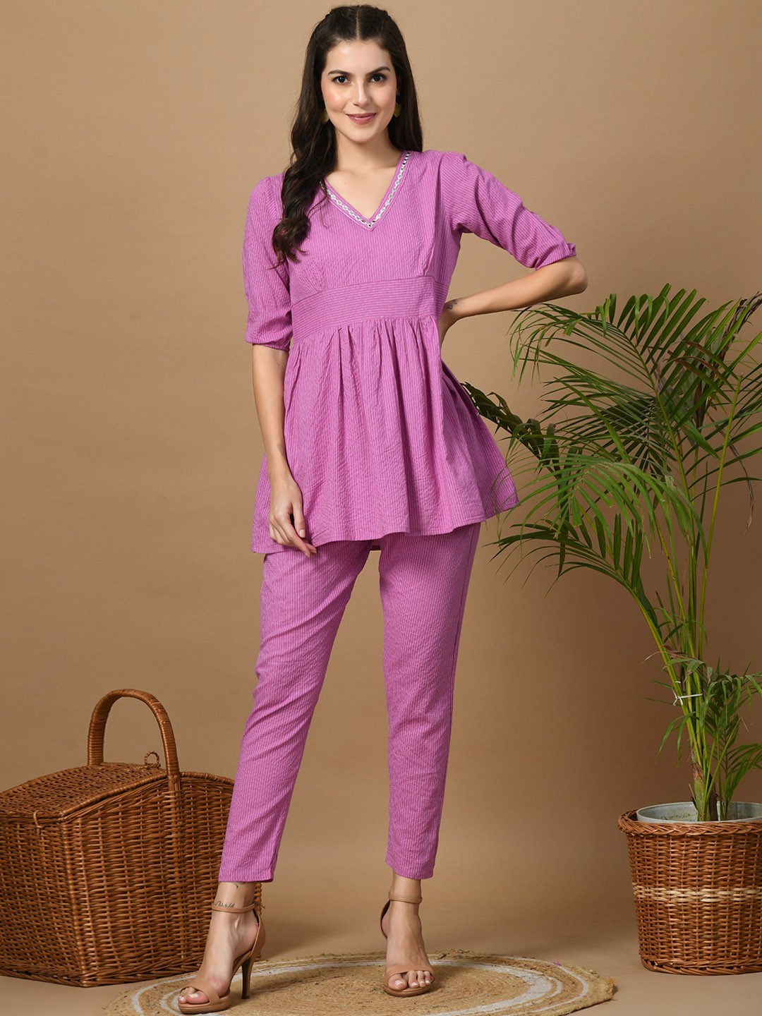 

VINDYAVASINI Striped Self Design Mirror Work A-Line Pure Cotton Kurti with Trousers, Pink