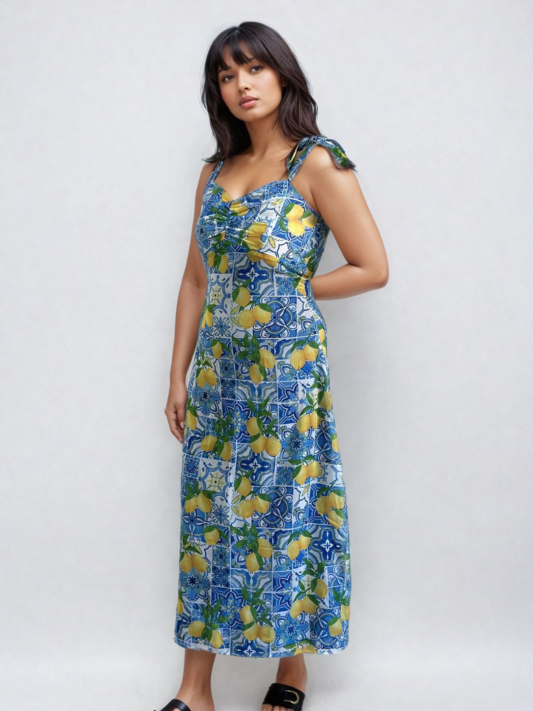 

PEACH & PANDA Floral Print Shoulder Straps Chiffon Fit & Flare Maxi Dress, Blue