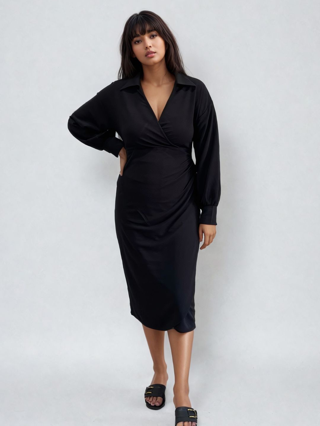 

PEACH & PANDA Shirt Collar Cuffed Sleeves Textured Knitted Sheath Midi Dress, Black