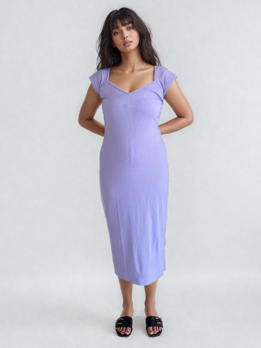 

PEACH & PANDA Square Neck Cap Sleeves Bodycon Midi Dress, Lavender