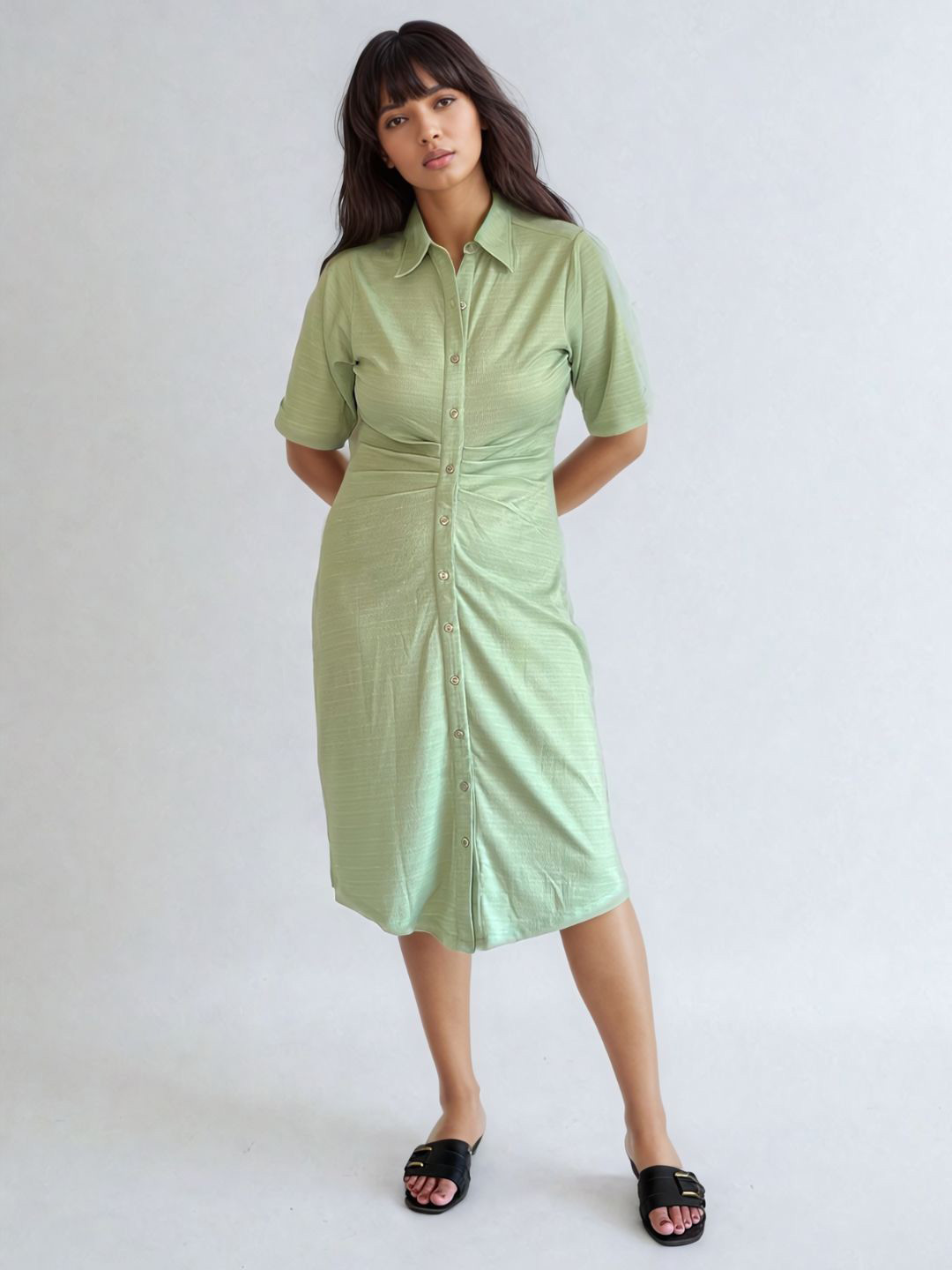 

PEACH & PANDA Textured Pleated Knit Shirt Dress, Green
