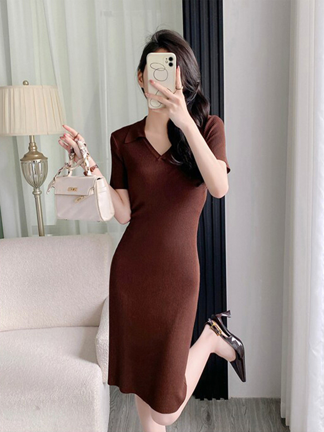 

StyleCast x Revolte Brown Shirt Collar Print Maxi Midi Dress