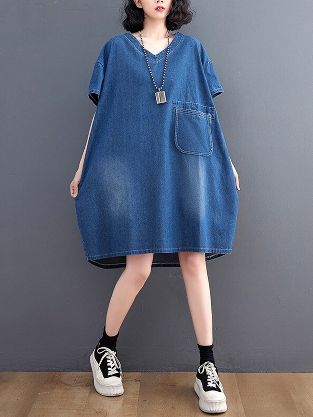 

StyleCast x Revolte Blue V Neck Cotton A-Line Dress