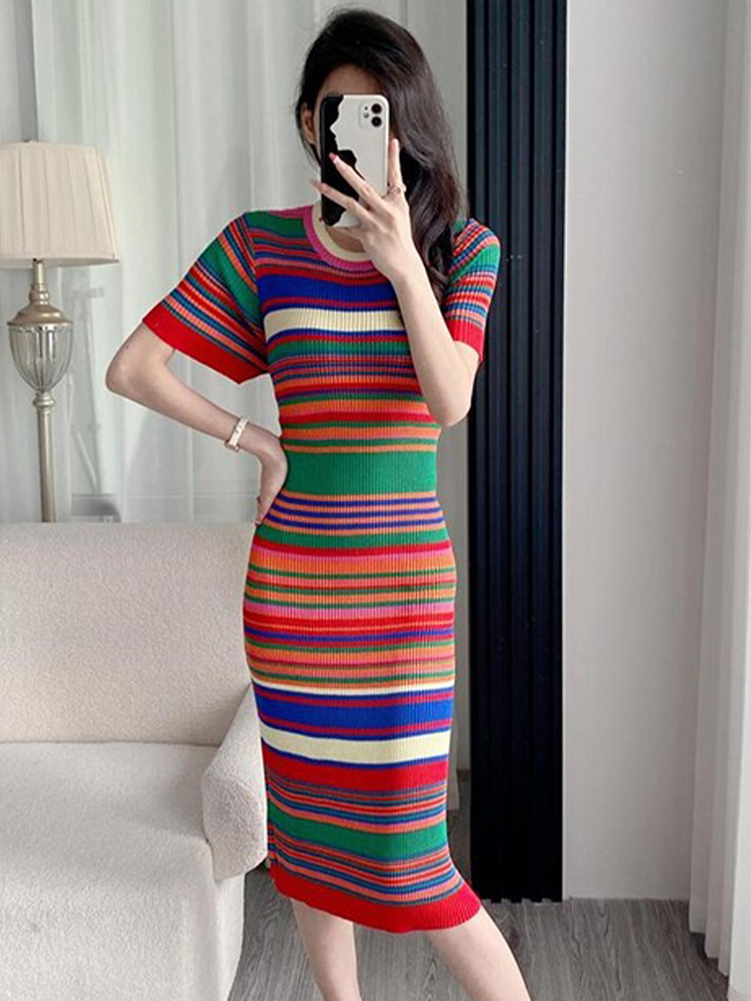 

StyleCast x Revolte Striped Round Neck Bodycon Dress, Red