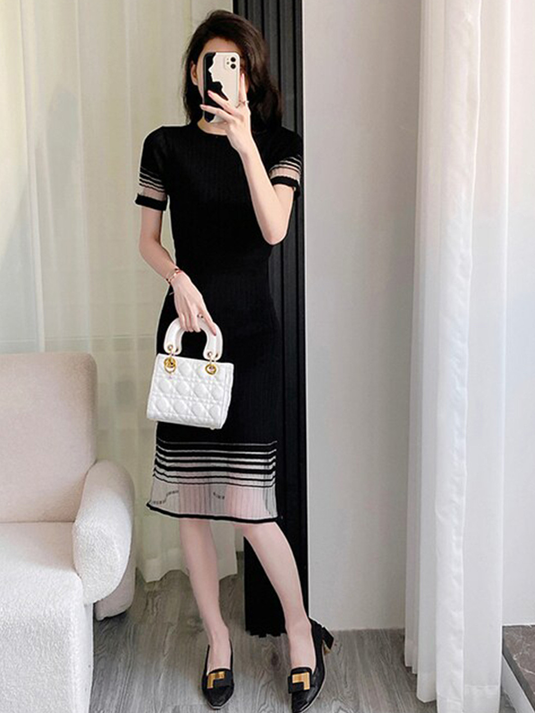 

StyleCast x Revolte Striped Short Sleeves Round Neck Maxi Dress, Black