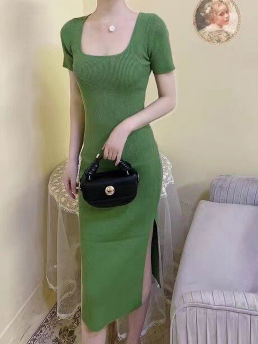 

StyleCast x Revolte Scoop Neck Short Sleeves Bodycon Dress, Green