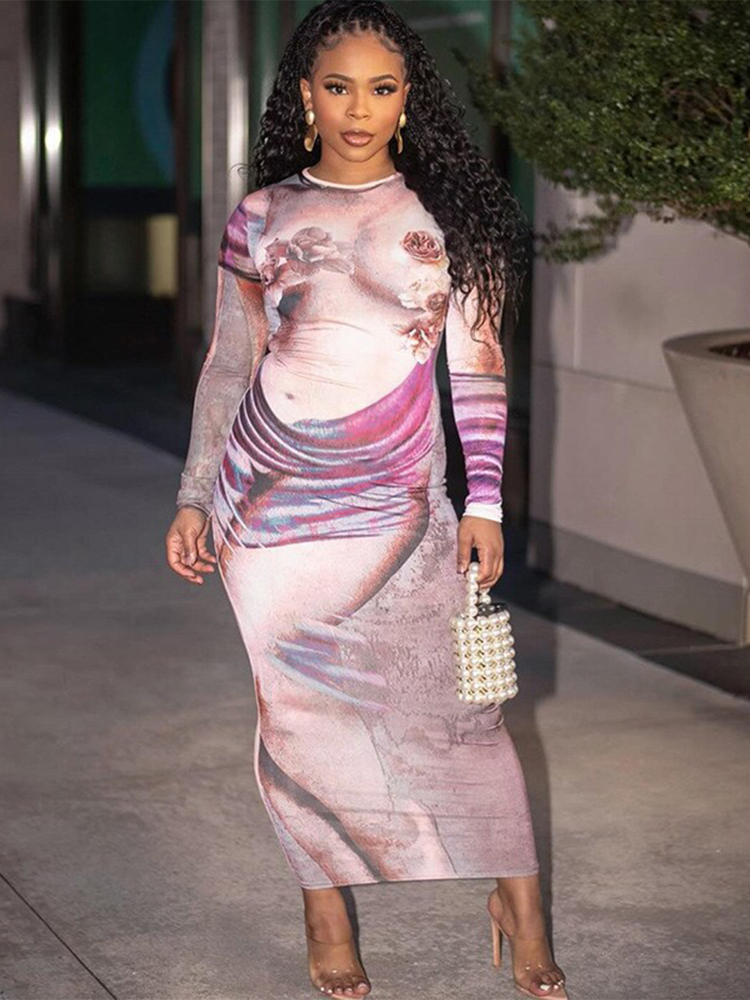 

StyleCast x Revolte Round Neck Long Sleeves Abstract Print Bodycon Maxi Dress, Purple