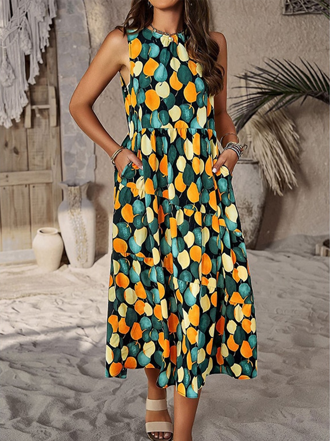 

StyleCast x Revolte Floral Printed Sleeveless Tiered A-Line Midi Dress, Green