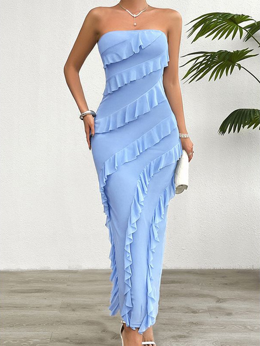 

StyleCast x Revolte Strapless Ruffled Bodycon Maxi Dress, Blue