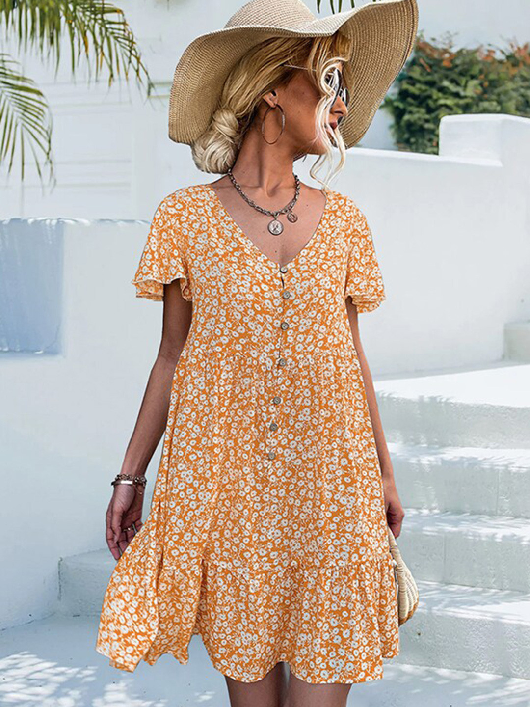 

StyleCast x Revolte Yellow V Neck Floral Printed Flared Sleeve Layered A-Line Dress