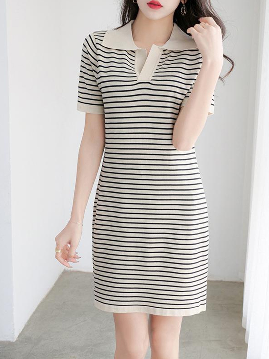

StyleCast x Revolte Striped Short Sleeves Round Neck T-shirt Dress, Beige