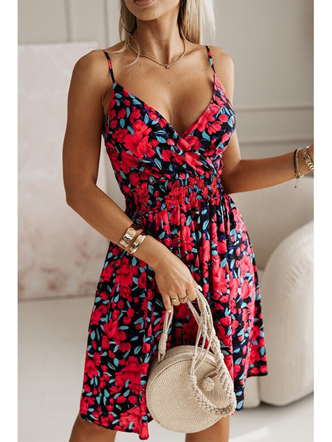 

StyleCast x Revolte Floral Print Shoulder Straps Dress, Red