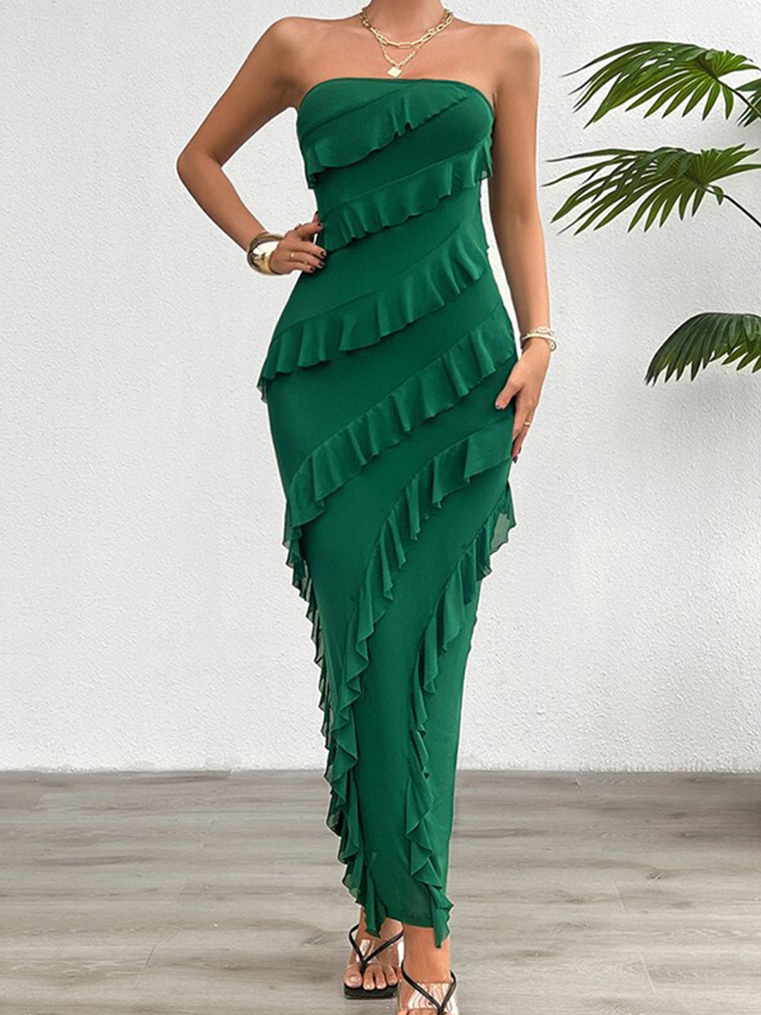 

StyleCast x Revolte Green Off-Shoulder Ruffled Maxi Dress