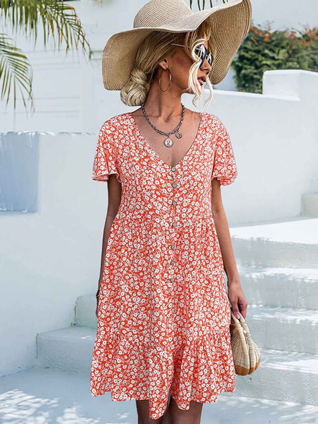 

StyleCast x Revolte Orange V Neck Floral Printed Layered A-Line Dress
