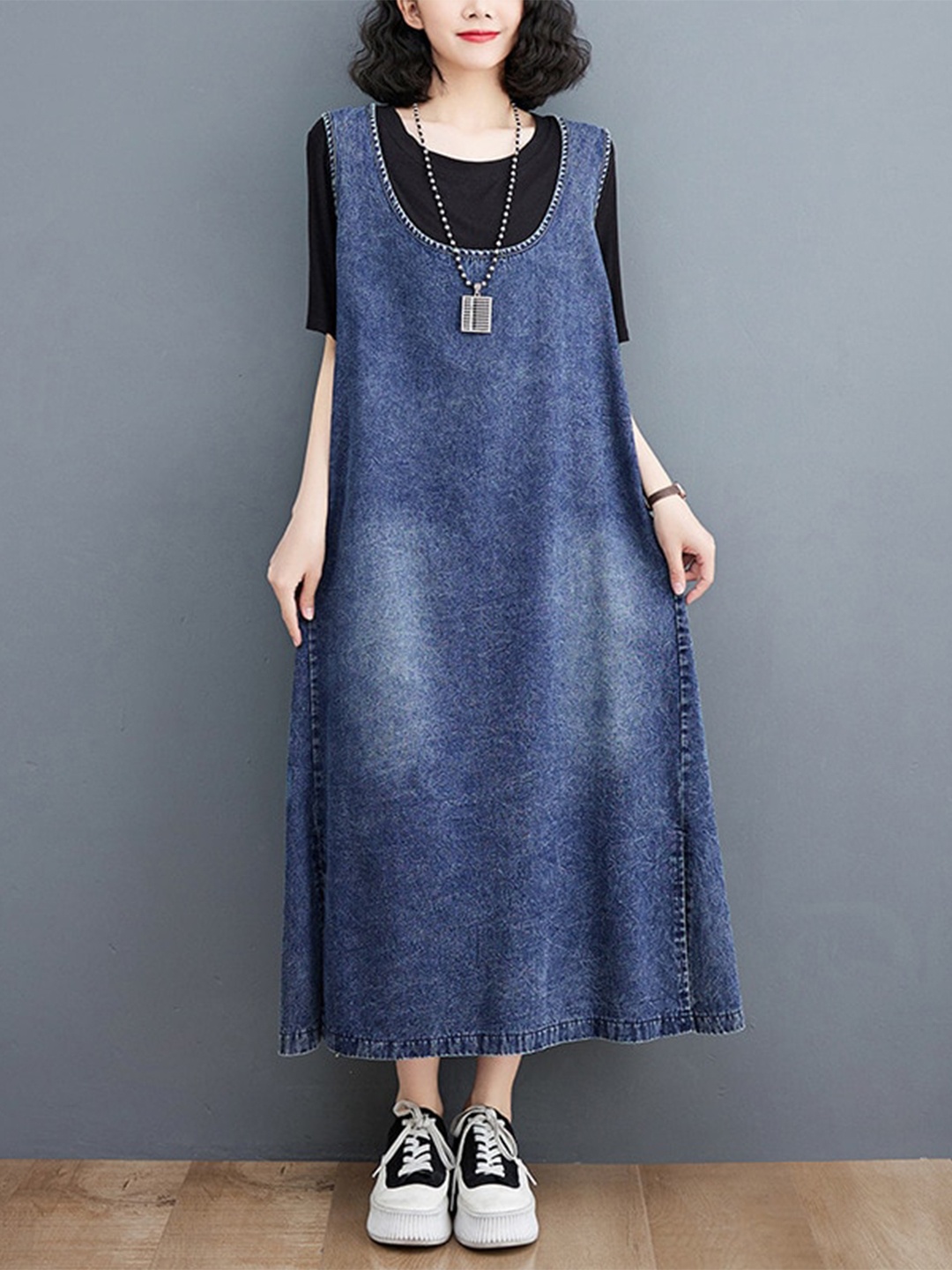 

StyleCast x Revolte Round Neck Sleeveless Cotton Pinafore Midi Dress, Blue