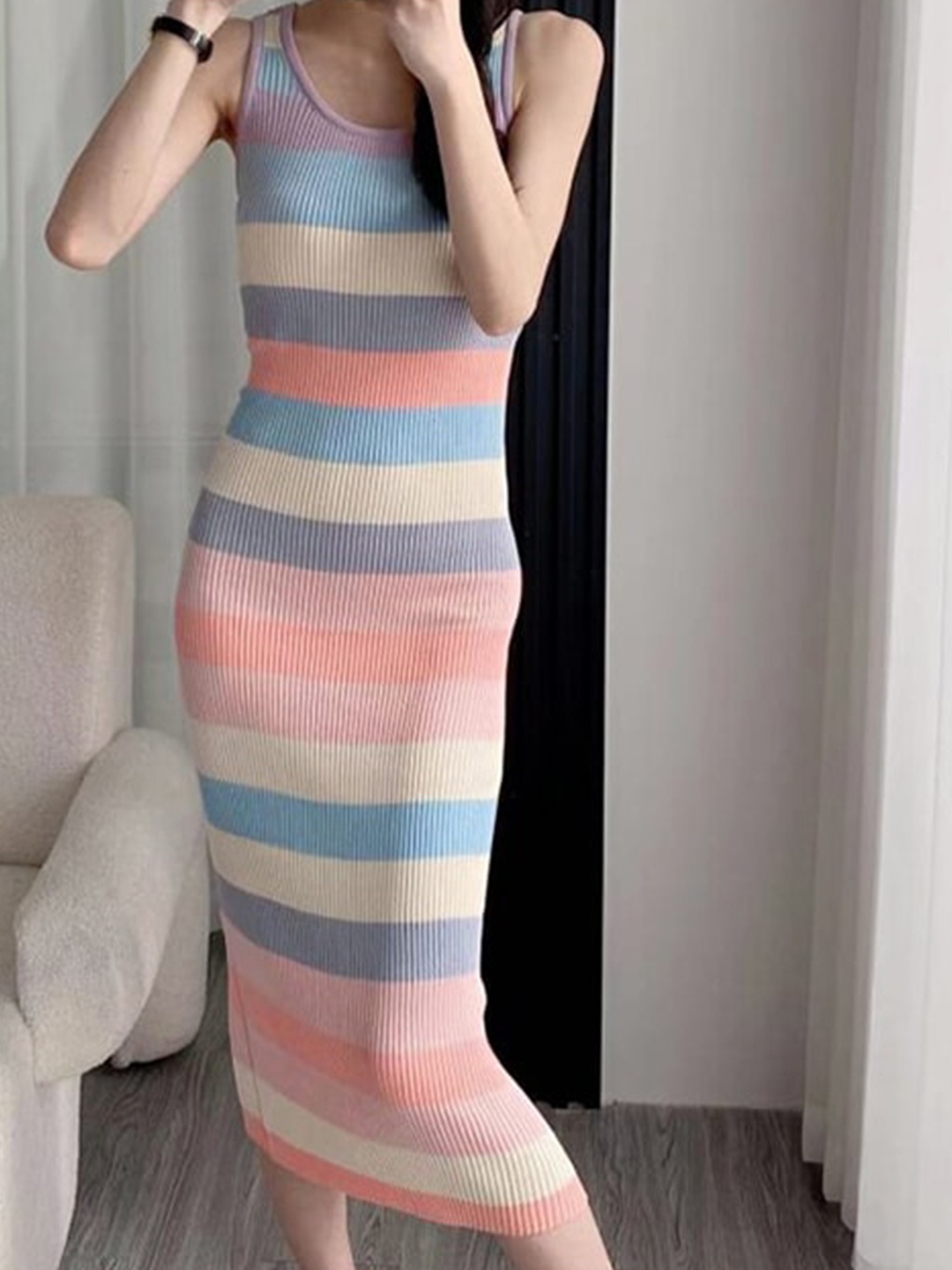 

StyleCast x Revolte Striped Round Neck Sleeveless Bodycon Midi Dress, Pink