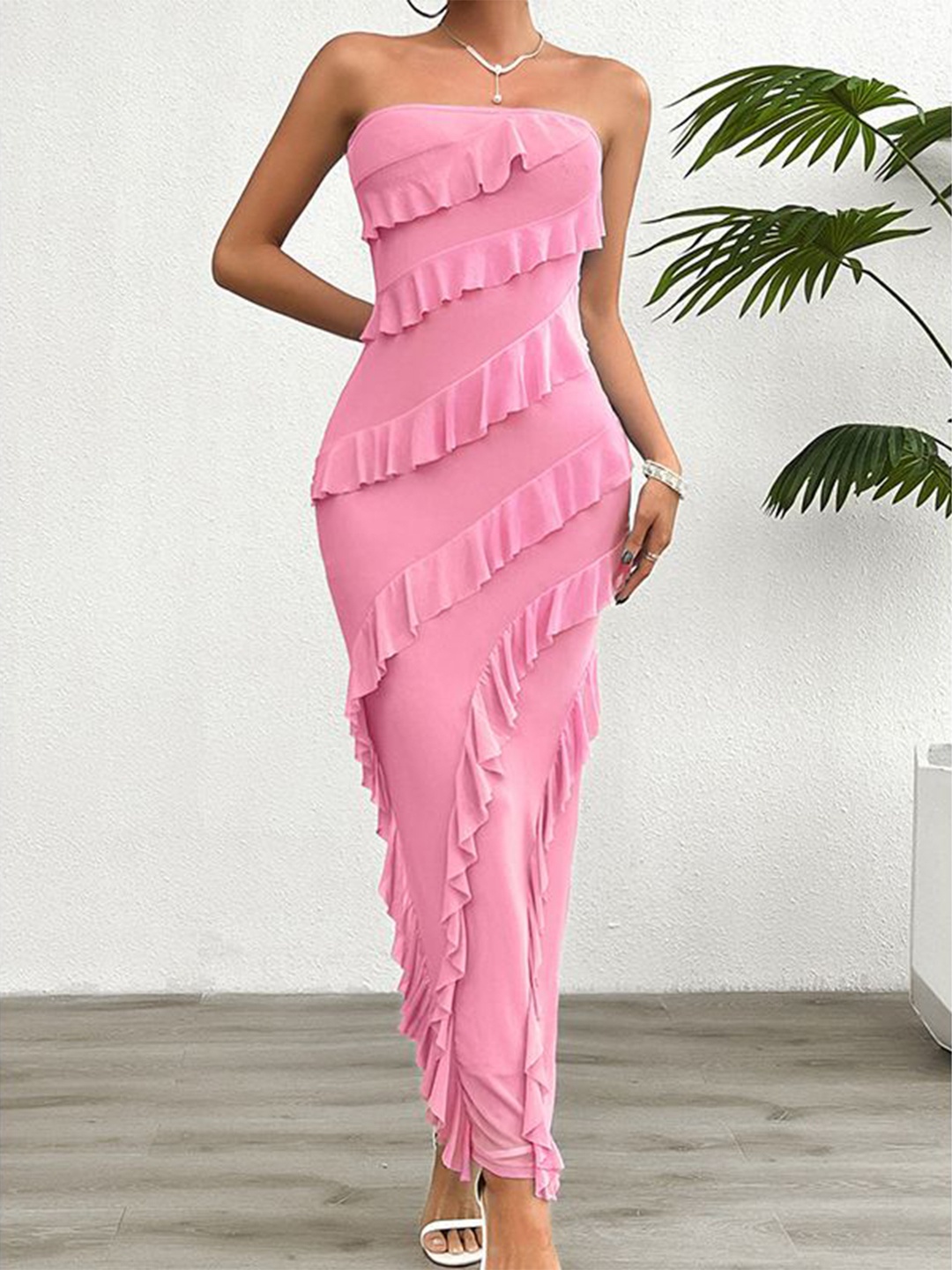 

StyleCast x Revolte Pink Off Shoulder Ruffled Maxi Dress