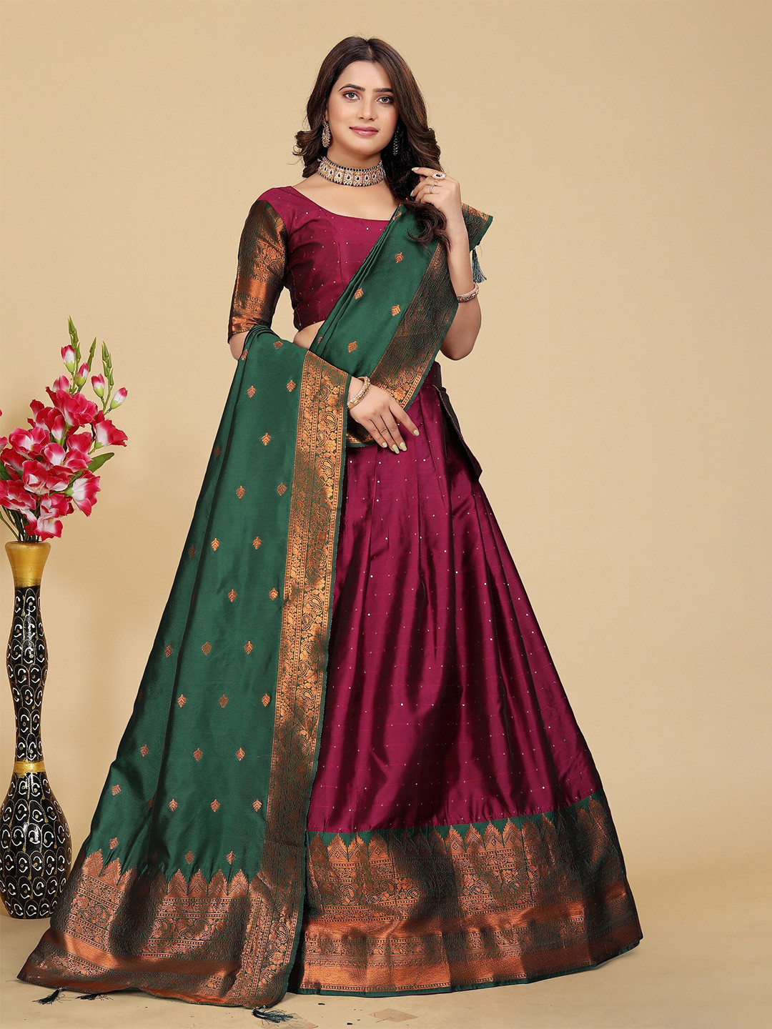 

MAHALASA Semi-Stitched Lehenga & Blouse With Dupatta, Pink